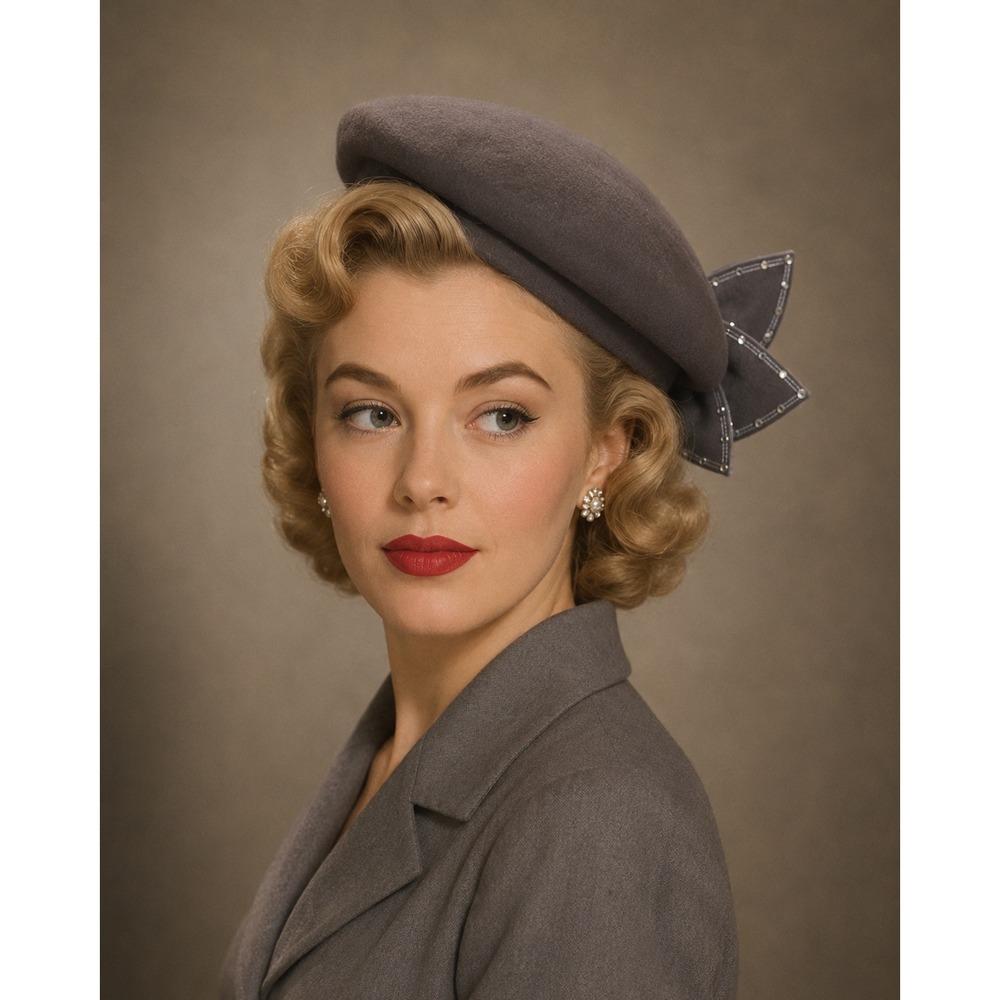 Geo. W.‎ Bollman & Co. 1950's Wool Beret Women's Gray Bow Rhinestone Accent
